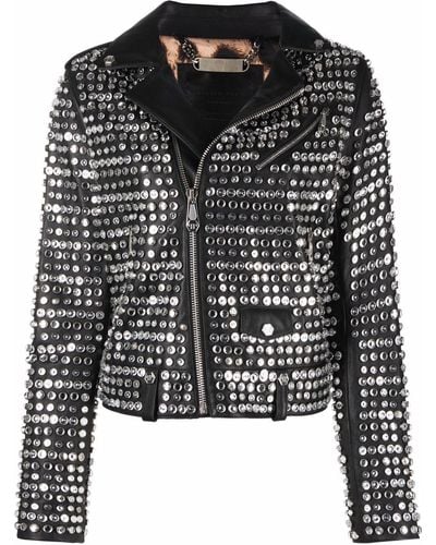 Philipp Plein Crystal-embellished Leather Jacket - Black
