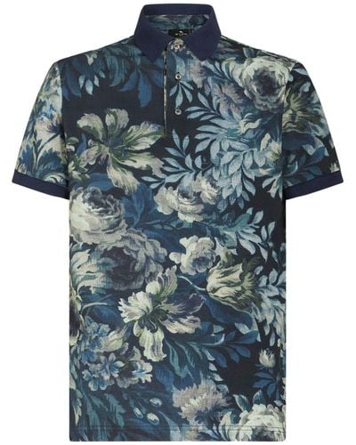Etro Floral-print Cotton Polo Shirt - Blue
