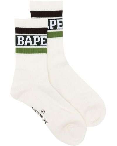 A Bathing Ape Logo-intarsia Striped Ribbed Socks - White