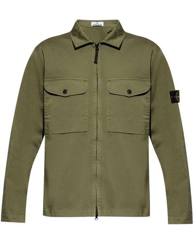 Stone Island Compass-logo Zip-up Shirt Jacket - Green