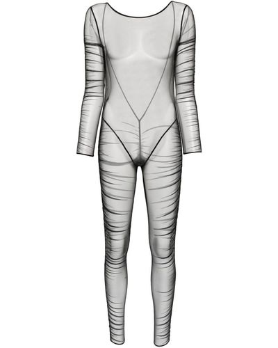 Maison Close Ruched Sheer Mesh Catsuit - Gray