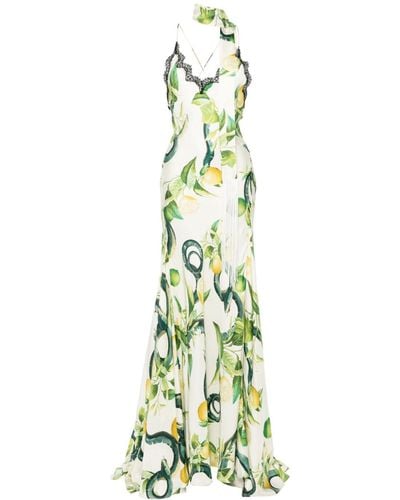 Roberto Cavalli Lemon-print Silk Maxi Dress - Green