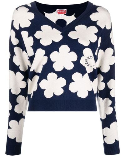 KENZO Intarsien-Pullover mit Blumen - Blau