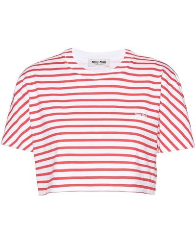 Miu Miu T-shirt rayé à logo imprimé - Rouge