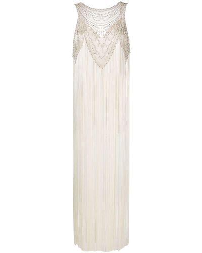 Elisabetta Franchi Red Carpet Fringed Silk Dress - White