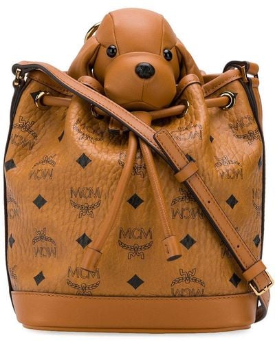 MCM Zoo Small Dog Drawstring Bag In Cognac Coated Canvas - Brown