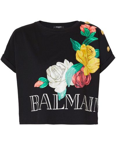 Balmain T-shirt crop à fleurs - Noir