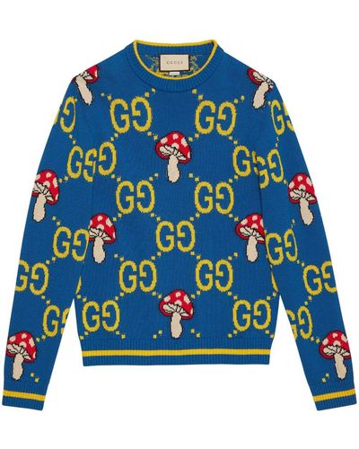 Gucci Pullover Aus Baumwolle Und Wolle Mit GG - Blau