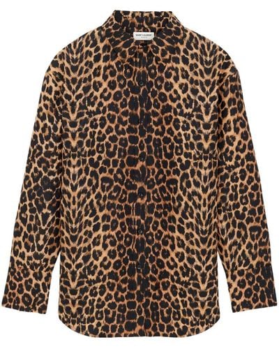 Saint Laurent Chemise oversize en soie a motif leopard - Marron