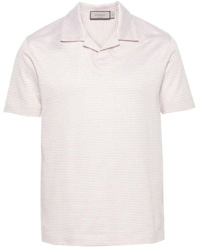 Canali Striped Linen Blend Polo Shirt - White