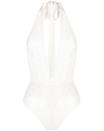 Fleur du Mal Charlotte Floral-lace Halterneck Bodysuit - White