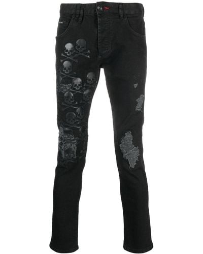 Philipp Plein Jeans Met Geborduurd Logo - Zwart
