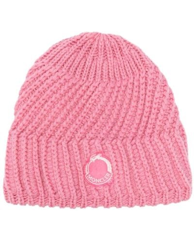 Moncler Logo-appliqué Ribbed-knit Beanie - Pink