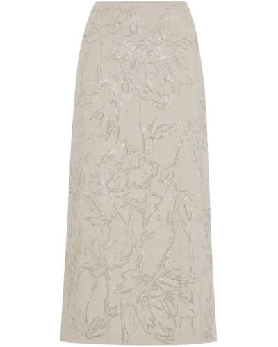 Brunello Cucinelli Sequin Linen Midi Skirt - Natural