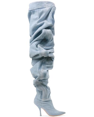 Y. Project Thigh High Ruched Denim Boots - Blue