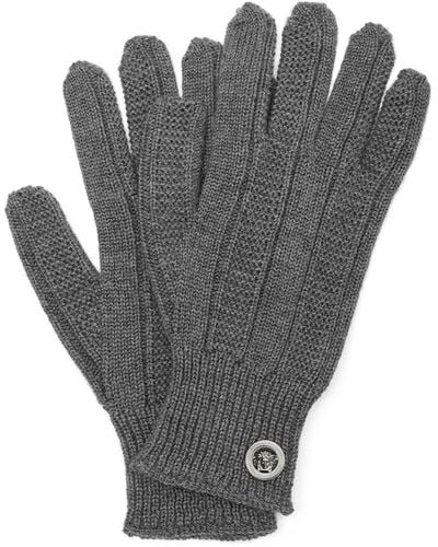 Versace Medusa-plaque Ribbed-knit Gloves - Gray