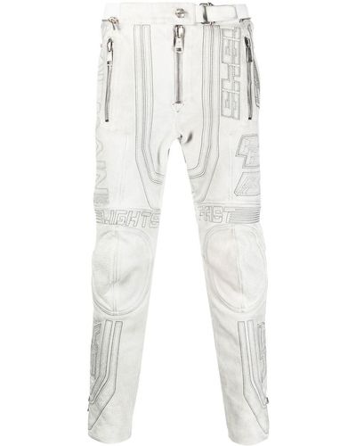 Balmain Embroidered-design Tapered Leather Pants - White