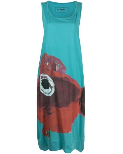 Rundholz Kleid mit abstraktem Print - Blau