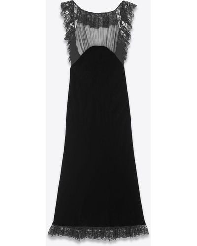 Saint Laurent Robe mi-longue à bordures en dentelle - Noir