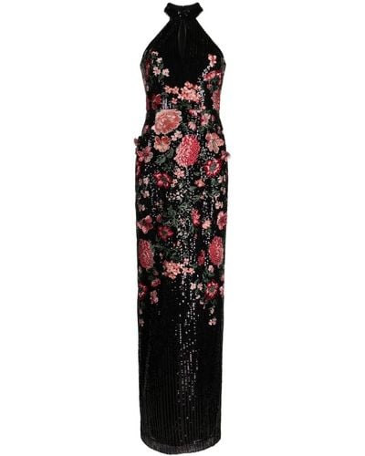 Marchesa Shimmer Floral-embroidered Maxi Dress - Blue