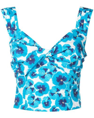 Isolda Pleated Floral-print Cropped Top - Blue