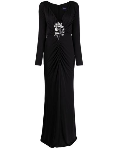 Marchesa Floral-appliqué Ruched Gown - Black
