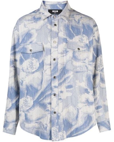 MSGM Patterned-jacquard Denim Shirt - Blue