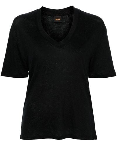 BOSS T-shirt en lin à col v - Noir