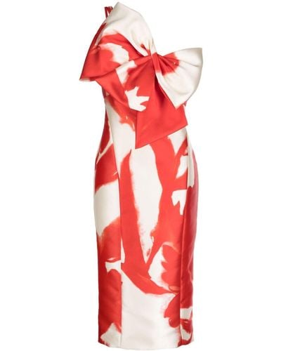 Amsale Abstract-print Oversize-bow Midi Dress - Red