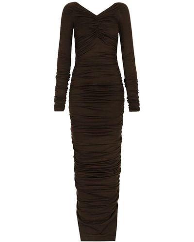 Dolce & Gabbana Off-shoulder Ruched Wool Maxi Dress - Brown