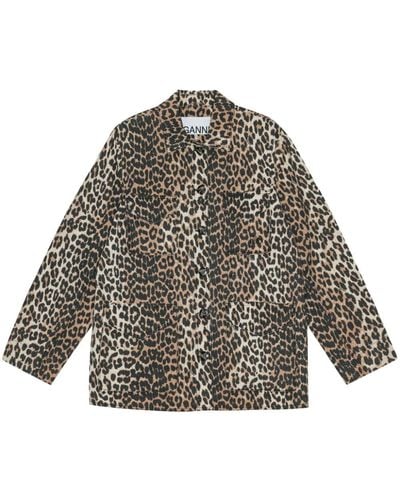 Ganni Leopard-print Canvas Shirt Jacket - Gray