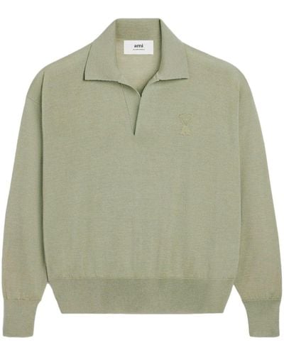 Ami Paris Ami De Coeur Knitted Polo Shirt - Green