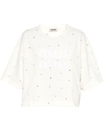 Miu Miu Crystal-embellished Distressed Cropped T-shirt - White