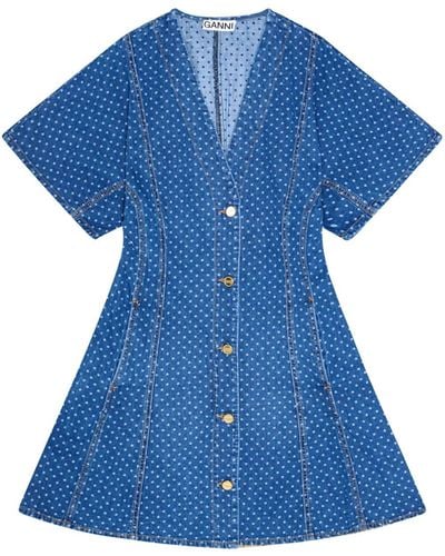 Ganni Polka-dot Print Denim Dress - Blue