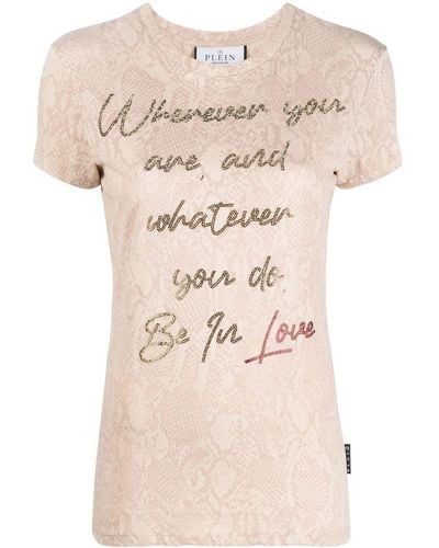 Philipp Plein Crystal Embellished-slogan Slim T-shirt - Natural