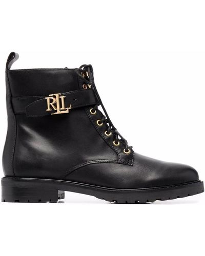 Lauren by Ralph Lauren Burnished Logo-plaque Lace-up Leather Boots - Black