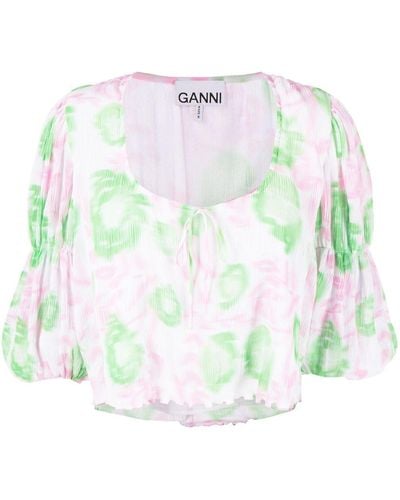 Ganni Floral-print Pleated Georgette Blouse - White