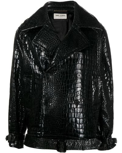Saint Laurent Double-Breasted Leather Coat - Black