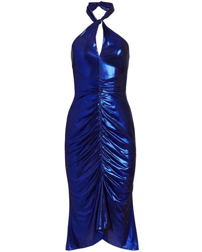 Marchesa Ruched-detail Halterneck Midi Dress - Blue