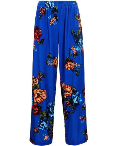 Vetements Floral-print Wide-leg Velvet Trousers - Blue