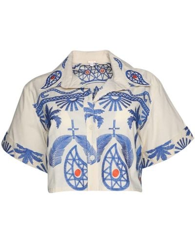 Johanna Ortiz Manyattas Embroidered Cropped Cotton-blend Shirt - Blue