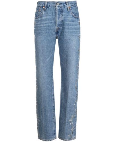 Anna Sui Eyelet-embellished Cotton Tapered Jeans - Blue