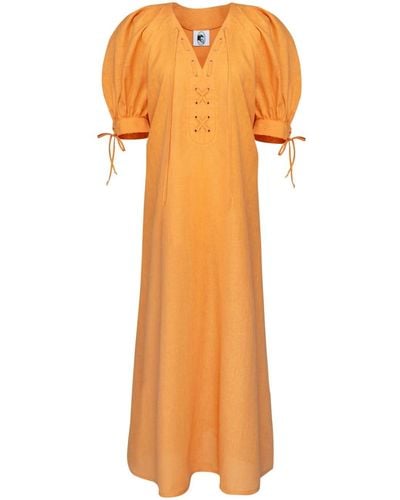 Sleeper Garden Linen Puff-sleeve Dress - Orange