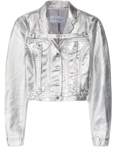 Off-White c/o Virgil Abloh Laminated Metallic Cropped Jacket - Gray