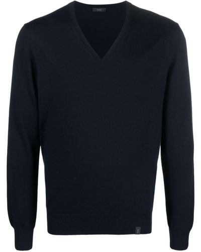 Fay Ribbed V-neck Fine-knit Sweater - Blue