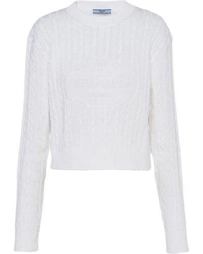 Prada Logo-intarsia Cable-knit Sweater - White