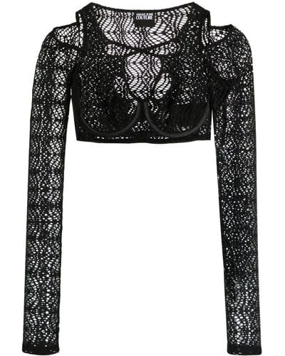 Versace Jeans Couture Top corto con encaje de malla - Negro