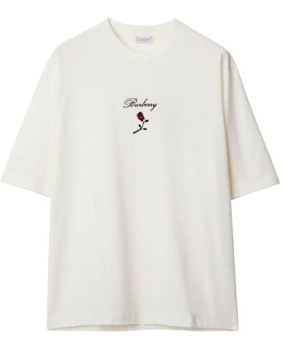 Burberry T-shirt en coton à rose floquée - Blanc