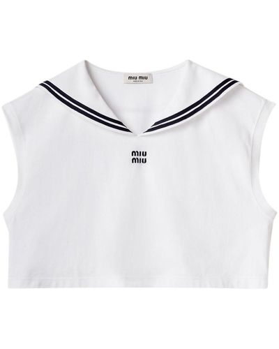 Miu Miu Logo-embroidered Cotton Sailor Top - White