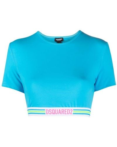 DSquared² T-shirt crop à bande logo - Bleu